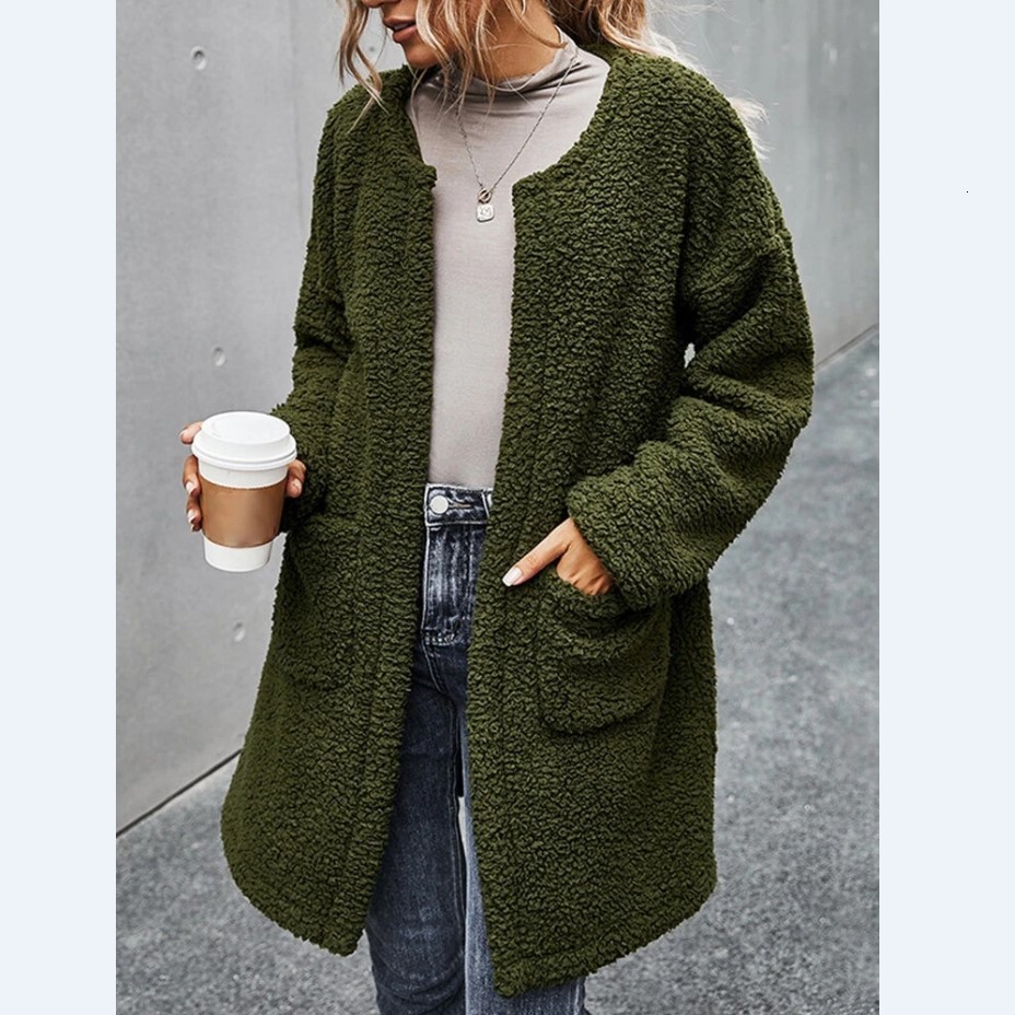 

2021 Vintage Thick Plush Solid Pockets Warm Sweater Sleeve o Neck Casual Winter New Fashion Women Long Coat T7rf, Gray