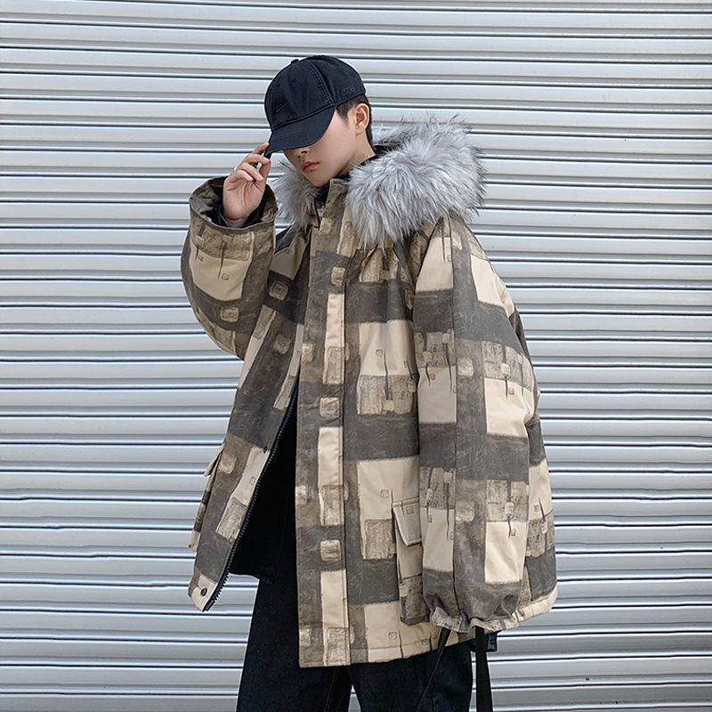 

2021 New Winter Jacket Men's Warm Fashion Retro Casual Fur Collar Hooded Short Coat Men Streetwear Wild Loose Plaid Parka Mens Clothes Eqbi, Khaki