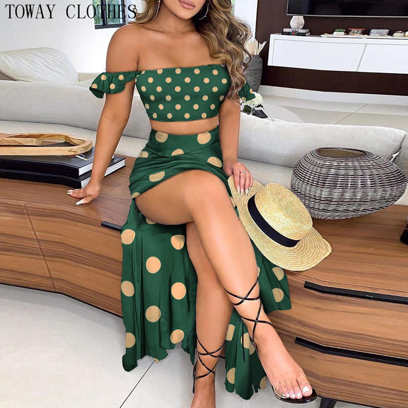 

Off-Shoulder Polkadot Print Top & Maxi Ro Set Mit Hohem Schlitz