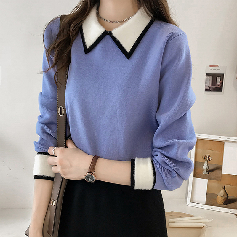 

2021 New Doll collar sweater women's head temperament fashion color matching knit bottoming shirt women 39GK, Blue