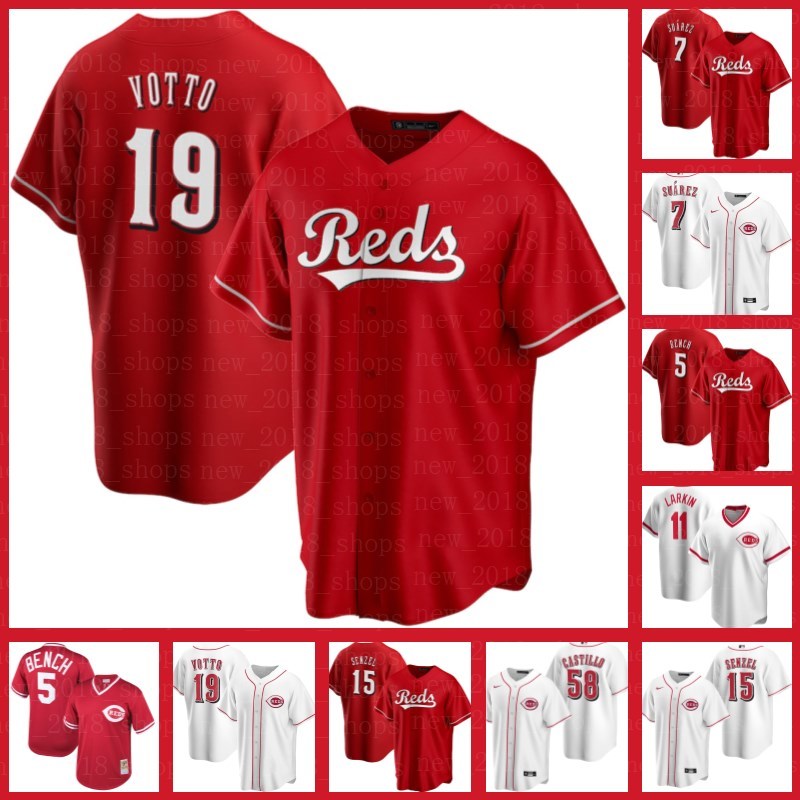 

Cincinnati Reds Jerseys 19 Joey Votto 7 Eugenio Suarez 11 Barry Larkin 5 Johnny Bench 38 Jose Garcia Baseball 2 Nick Castellanos Senzel, Blue;black