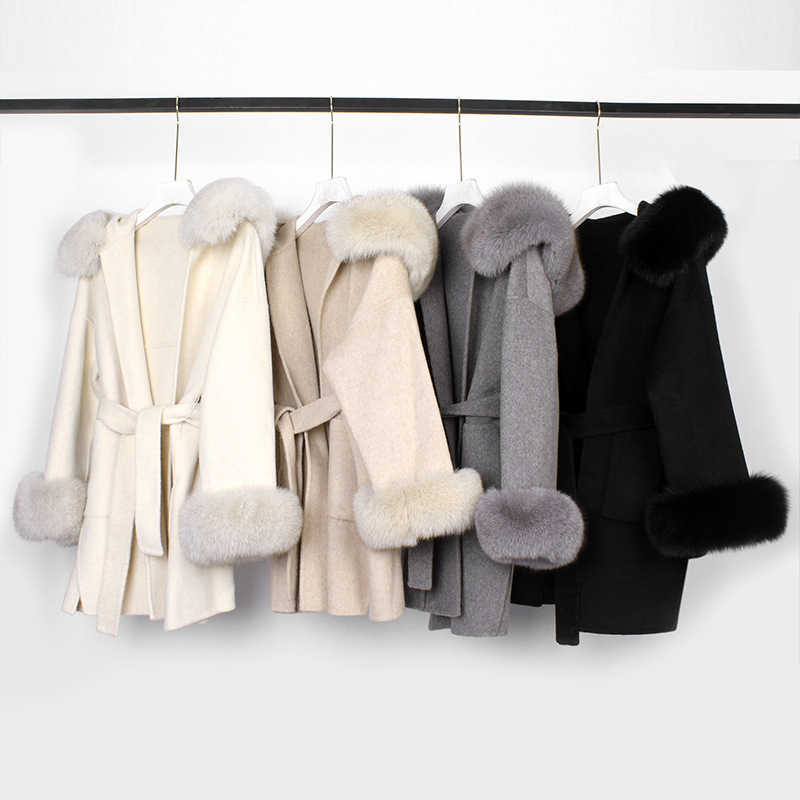 

2021 Real Fur Coat Winter Jacket Women Natural Fox Fur Collar Cuffs Hood Cashmere Wool Woolen Oversize Ladies Outerwear, 000000