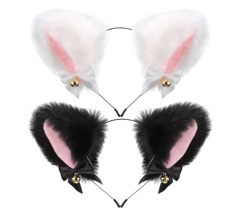 

Plush Furry Cat Ears Headband with Ribbon Bells Halloween Cosplay Costume Accessories Anime Lolita Girl Party Hairband Headwear for Adult Kids White Black