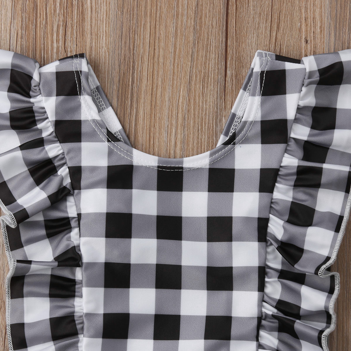 

0-24M Newborn Infant Kids Baby Girls Swimwear One-Piece Swim Suit Short Sleeve Ruffles Plaid Cotton Bathing Suit, Default color