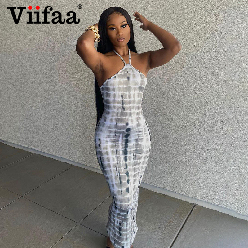 

viifaa grey tie dye halter neck backless elegant summer long dress spaghetti strap women bodycon fashion clothes dressesplus size clothes, Black;gray