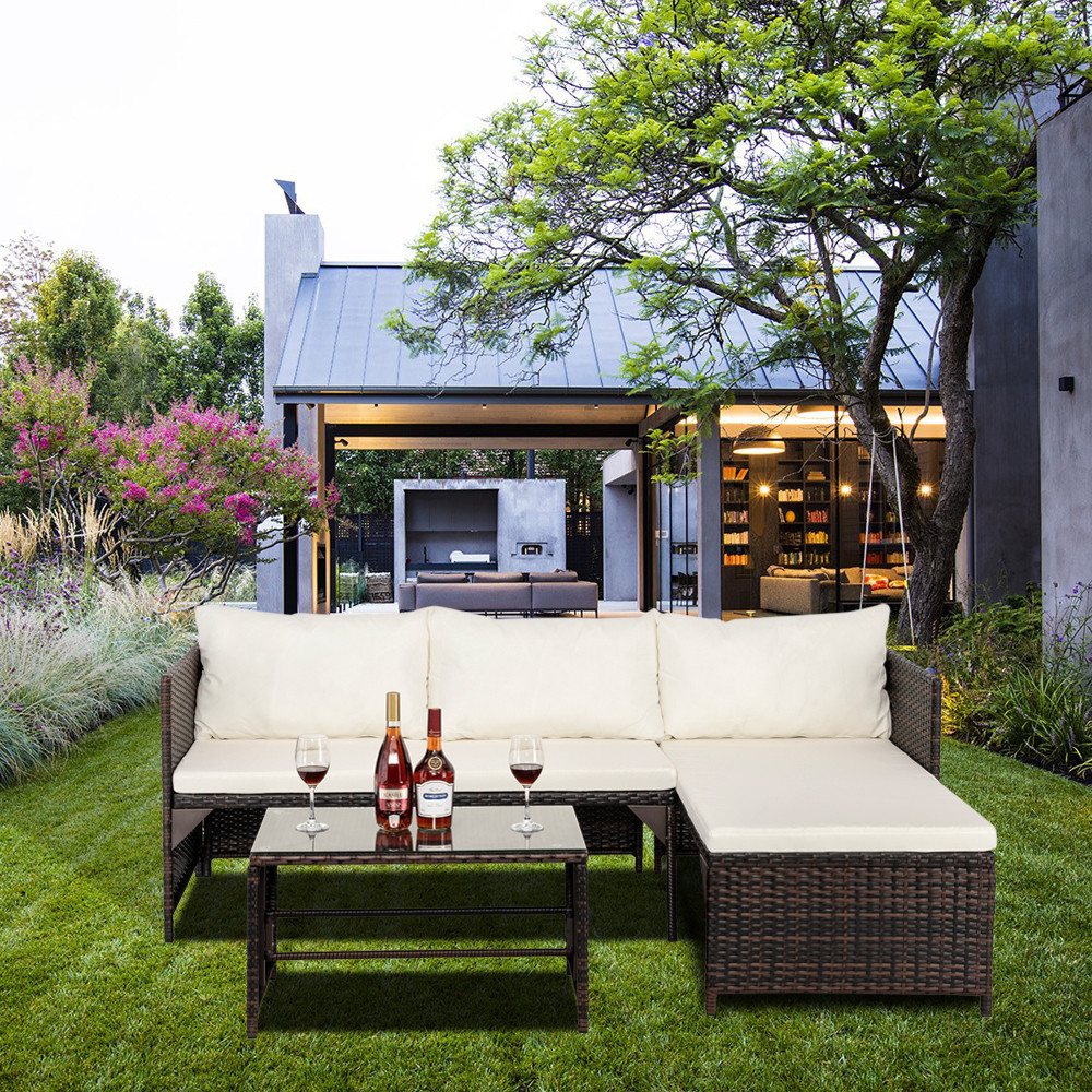 

3 PCS Rattan Sofa Set Wicker Couch Set Outdoor Sectional Patio Furniture Garden Backyard Porch and Poolside with Coffee Table Brown Gradien