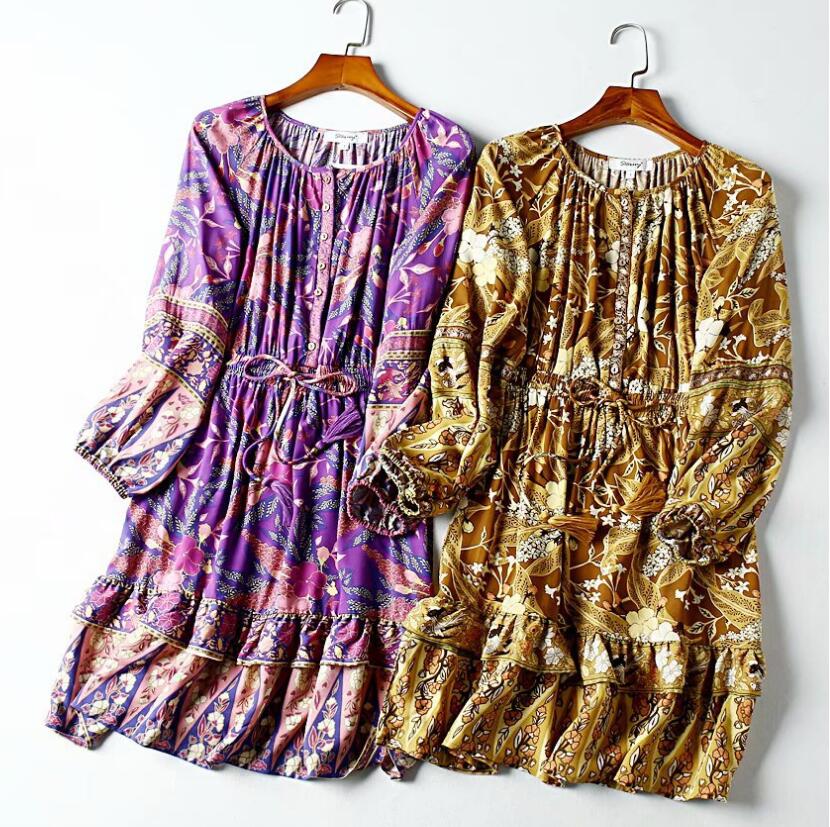 

Bohemian Women Purple Leaves Floral Print Short Dress Open button Tassel Bandage Lacing up Waist Long Sleeve Holiday Dresses, Red