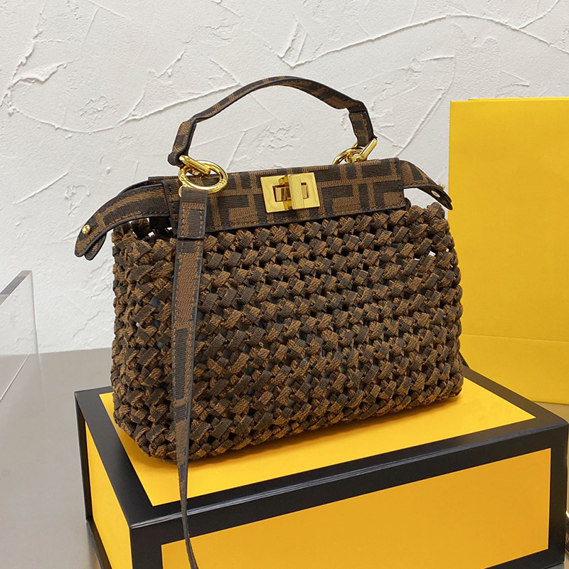 

Designer Nylon Knitting Peekaboo Tote Bag Italy Roma Brand Vintage Fashion Woven Totes Shopping Handbags Large Capacity Shoulder Handbag Lux, Brown