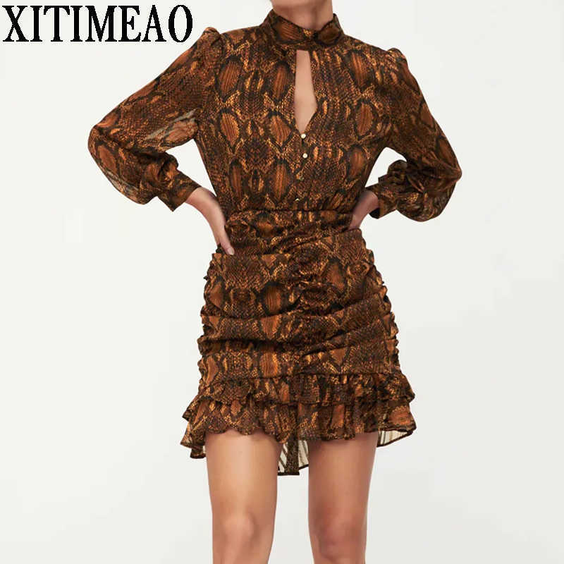 

ZA Women Sexy High Neck Chiffon Mini Dress Long Sleeve Turtlenck Fashion Dresses Gold Thread Printed Slim Skirt 210602, As picture