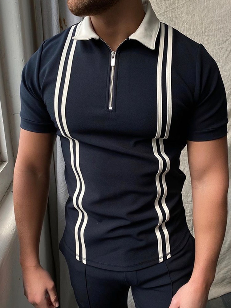 

Spring summer POLOs shirt zipper stripe color matching men's T-shirt top Custom Logo Striped Polo Shirts, Navy blue
