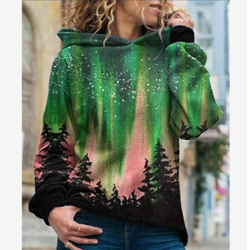 

2021 Green Sky Forest Print Hoodies Women Christmas Fashion Oversized Sweatshirt Long Sleeve Tops New Casual Steetwear Plus Size 6a23, Red