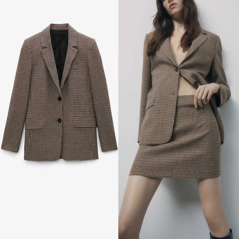 

ZA Houndstooth Blazer Women Long Sleeve Single Breasted Office Lady Blazers Coat Female Fashion Plus Size Vintage Top 210602