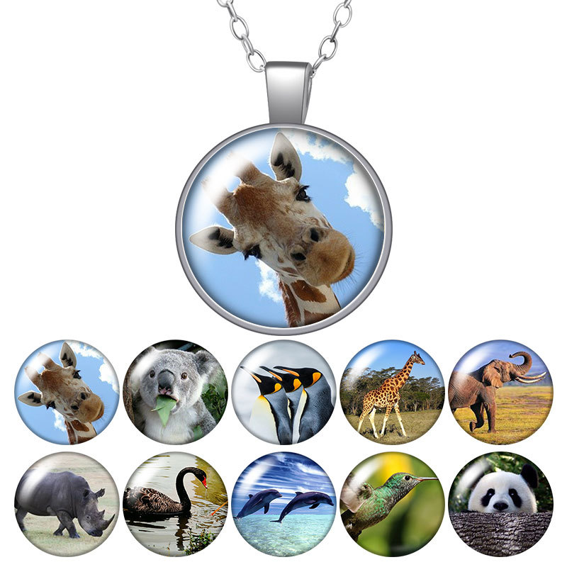 

Animals Giraffe Panda Elephant Dolphin Round Pendant Necklace 25mm Glass Cabochon Silver Color Jewelry Women Birthday Gift 50cm