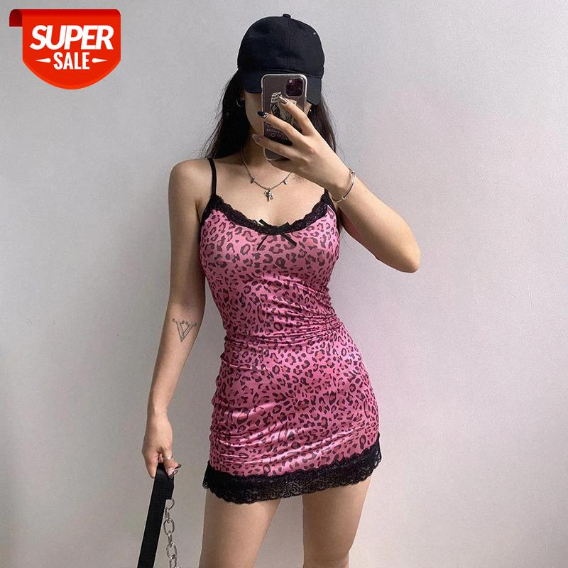 

Aesthetics Lace Trim Leopard Printing Party Cami Dresses E-girl Spaghetti Strap V-neck Lace Hem A-line Mini Dress #4r9X, Black;gray