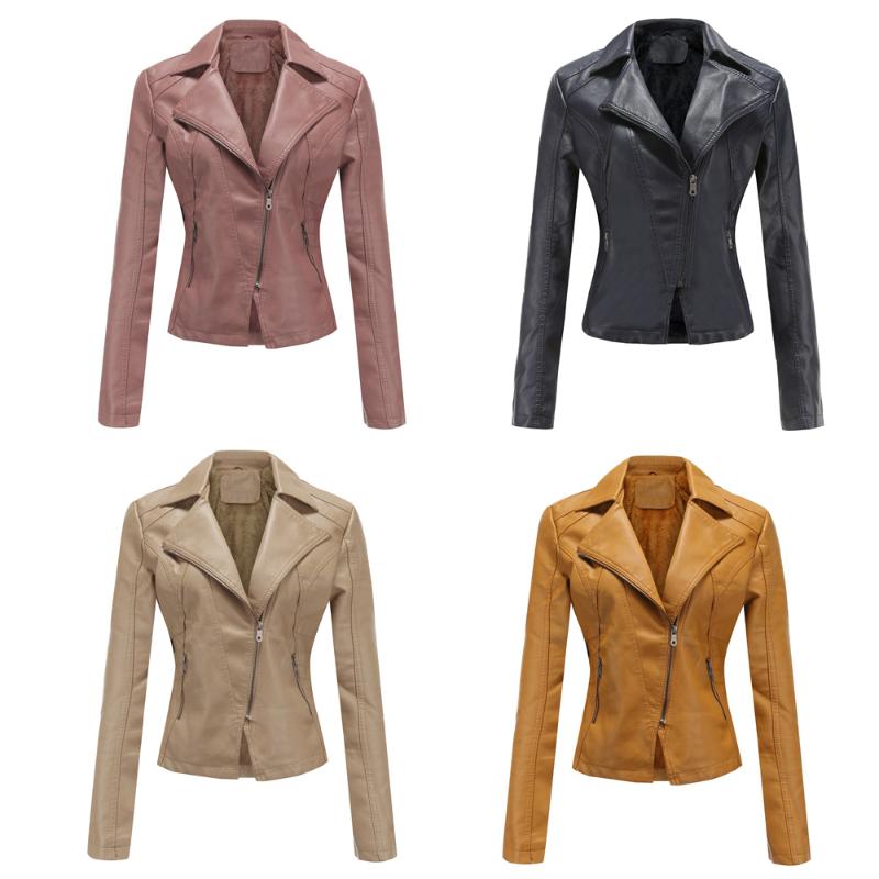 

Women's Leather & Faux 2021 Fleece Thickness Warm PU Jacket Casual Turn Down Collar Skew Zip-up Pockets Winter Fur Coat Motorcycle Outwear, Pink