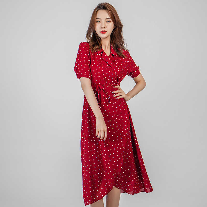 

Summer office lady french dot dress notched short sleeve lace up tunic vintage dresses Women irregular vestidos female 210608, Red