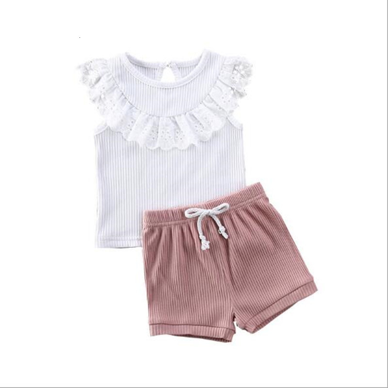 

New 2021 Summer Girls Clothes Set 2pcs Sleeveless Lace Tops Shirts+shorts Fashion Children Outfit Ribbed Cotton Kids Suit Cf5p, As picture