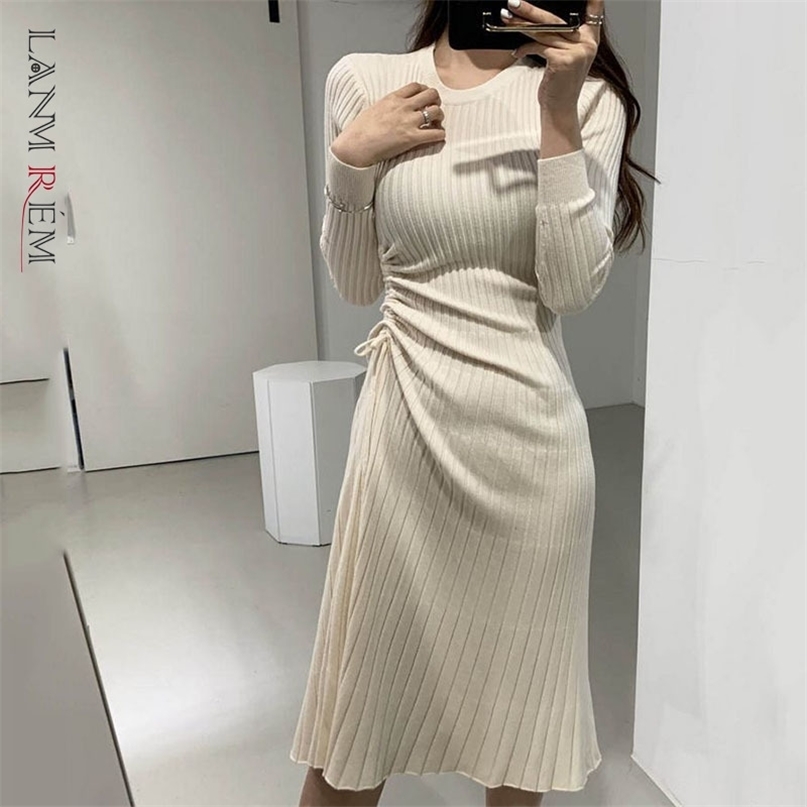 

Casual Midi Dress Versatile Round Neck Knitting Striped Drawstring Loose Fit Fashion Summer Women's 2P1659 210526, Black