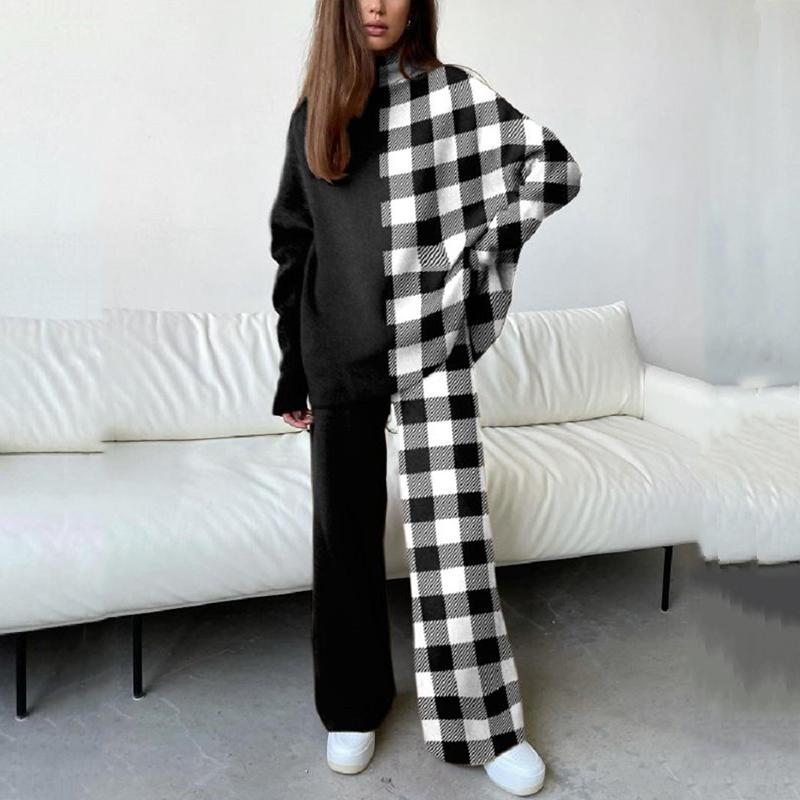 

Women's Two Piece Pants Casual Loose Pullover Tops And Suits Lady Fashion Patchwork Plaid Outfits Sportswear Homewear Women 2 Set Tracksuits, White