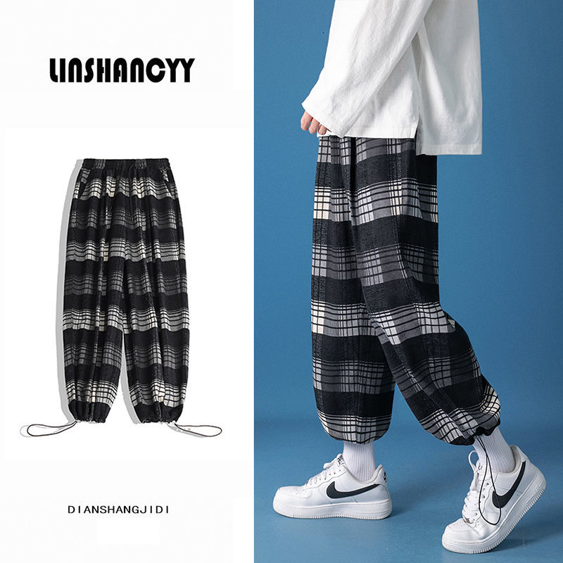 

2021 New Cotton Thick Plaid Men's Fashion Casual Retro Wide-leg Pants Men Streetwear Hip-hop Drawstring Straight Trousers Mens 0sm9, Black