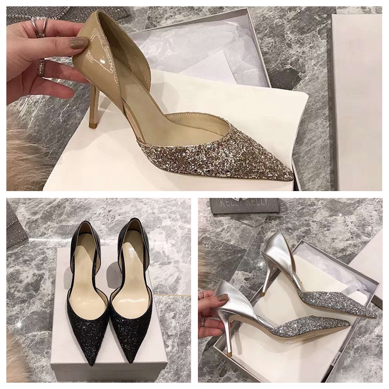 

2021 6cm 8cm 10cm sandals High heels Sequined crystal bridal shoes pointy French Sandal Silver gold black thin stilettos rhinestone women Wedding shoe, Black 6cm