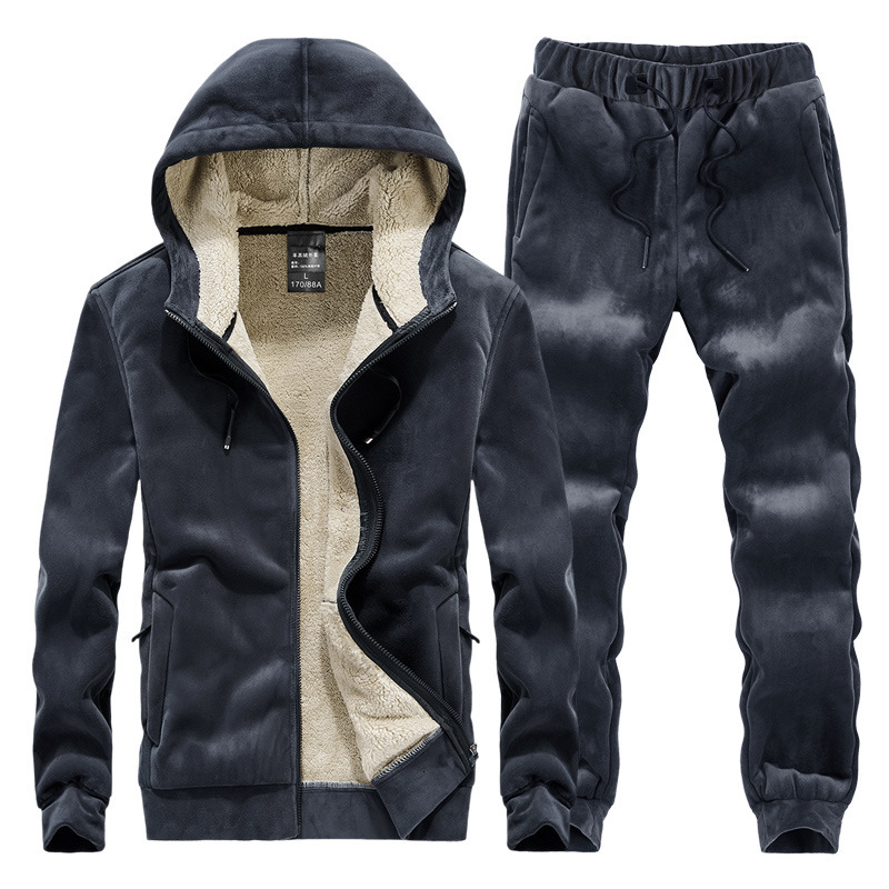 

men's tracksuits conjunto de agasalho masculino inverno quente mais veludo grosso terno esportivo com capuz jaqueta moletom + calÃ§a 2 p, Gray
