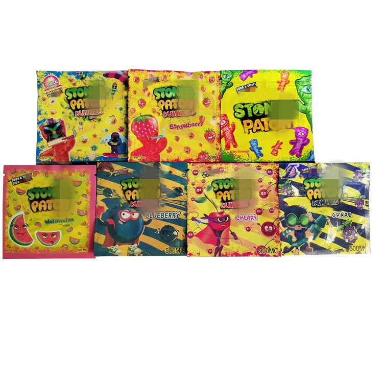 

Stock sale stoner patch gummi edibles bags gummies grape strawberry cherry flavors stoney sour 500mg mylar cd bag