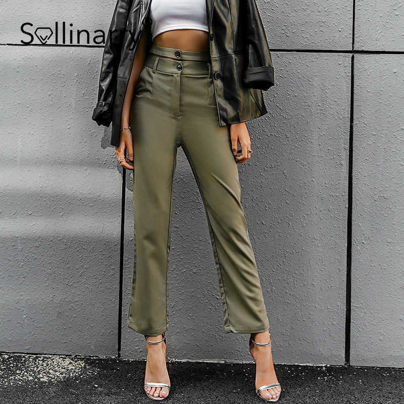 

Sollinarry Fashion double waistband hem pants women Retro green loose straight trouser High waist slim leisure summer capris 210709, Green-gray