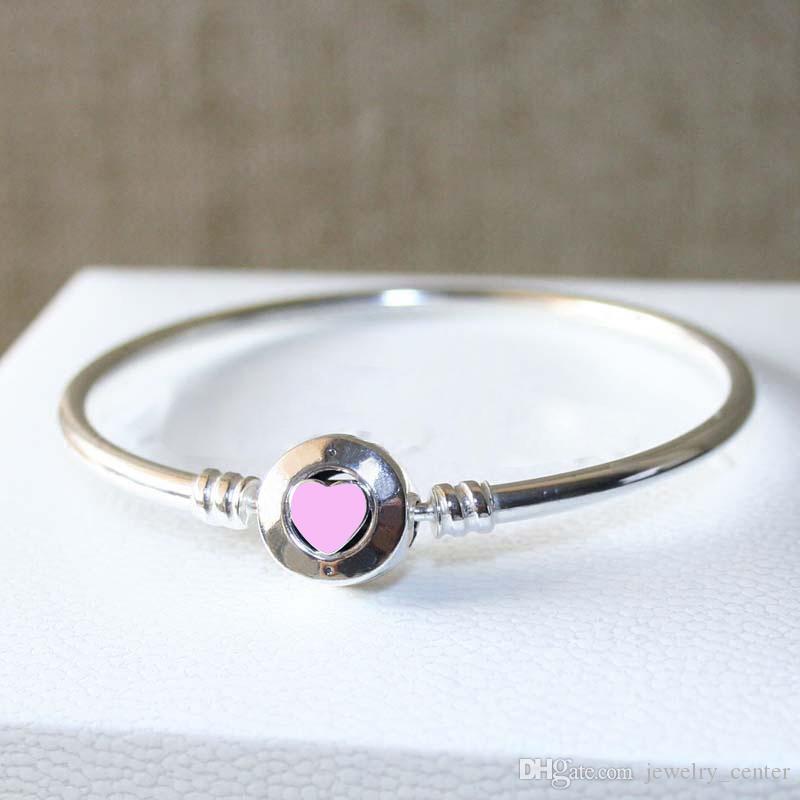 

Women's Fashion Luxury Bangle 925 Sterling Silver Pink Heart Enamel Bracelet Original box for Pandora Charms European Beads Jewelry DIY, Black