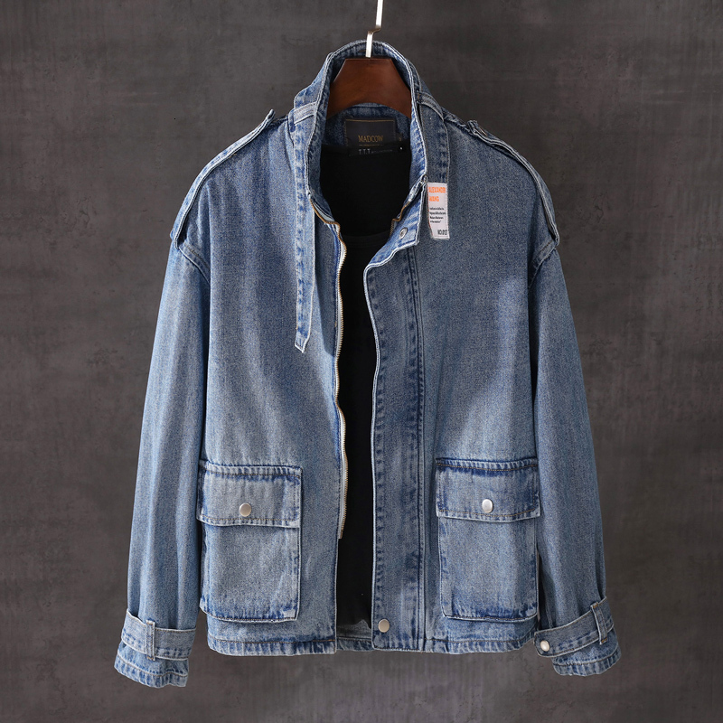 

2021 New Moda Streetwear Homens Jaquetas Multi Bolsos Macaco Casual Denim Jaqueta Masculina Casaco Vintage Designer Zper Motociclista Chaque, Blue