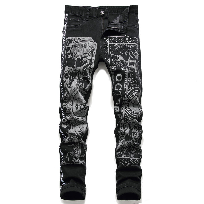 

2021 New Men's Male Autumn Winter Print Black Jeans Denim Trousers Slim Stripes Chinese Style Personalized Floral Pants Gz1l