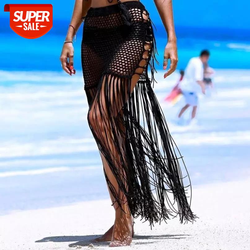 

2021 New Summer Women's Sexy Tassels Beach Skirts Summer Ladies Long Tassle Beachwear Skrits Hollow Out Female Solid Cover-Ups #Xg39, White;black
