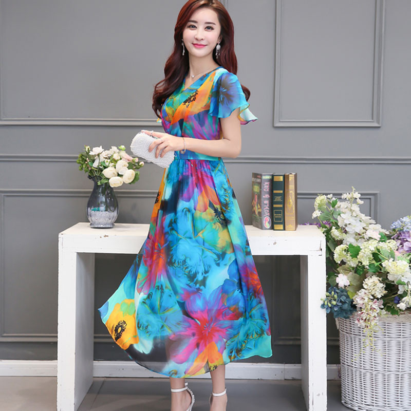

2021 New Women Bohemian Floral Es Summer Sky Blue V-neck Chiffon Petal Sleeve Beach Vestidos Mujer Fyy570 Fq6d