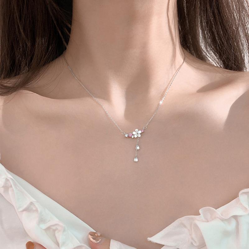 

Pendant Necklaces Temperament Shell Cherry Flower Long Tassel Necklace For Women Sweet Heart Clavicle Chain