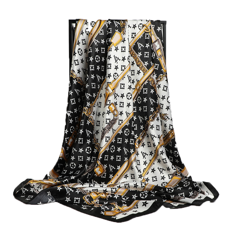 

2color Korean Classic Designer Satin Silk Scarf for Women Korean Letters Print Old Flowers Pattern Ladies Square Headband Bag Scarves Female Bandana 90*90cm