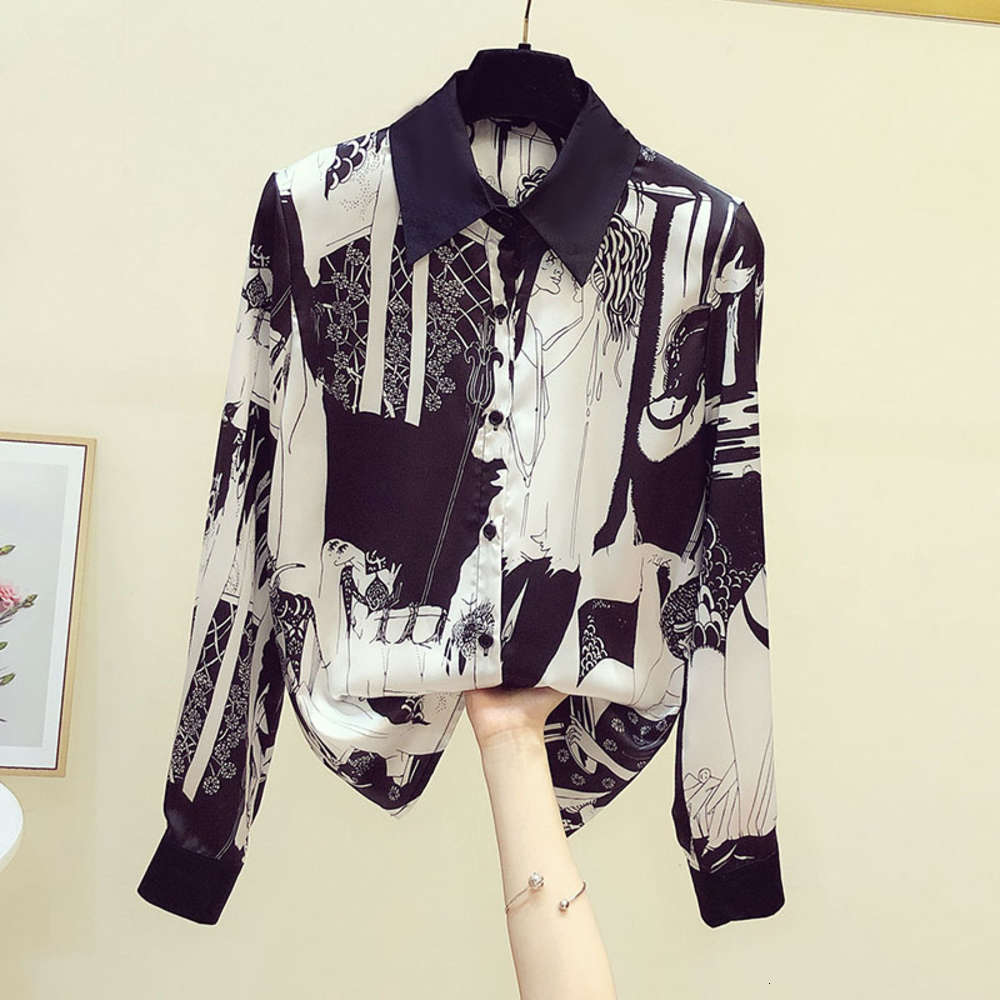 

shirts spring print contrast loose large Satin Long Sleeve women's design niche, White