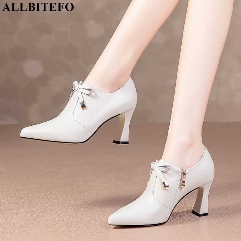 

ALLBITEFO fashion bowtie genuine leather women high heels shoes brand high heels office ladies shoes autumn high heel shoes 210611, As picture