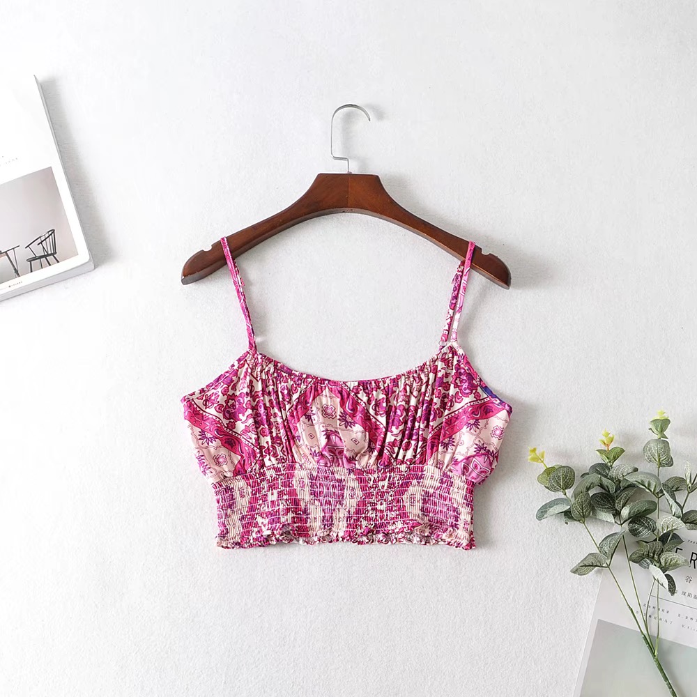 

2021 Bohemia Elastic Hem Geometric Floral Print Bra Tank Top Crop Top Women Bow Sashes Wide Leg Pants Ruched Camis 2 Pieces Set, Red