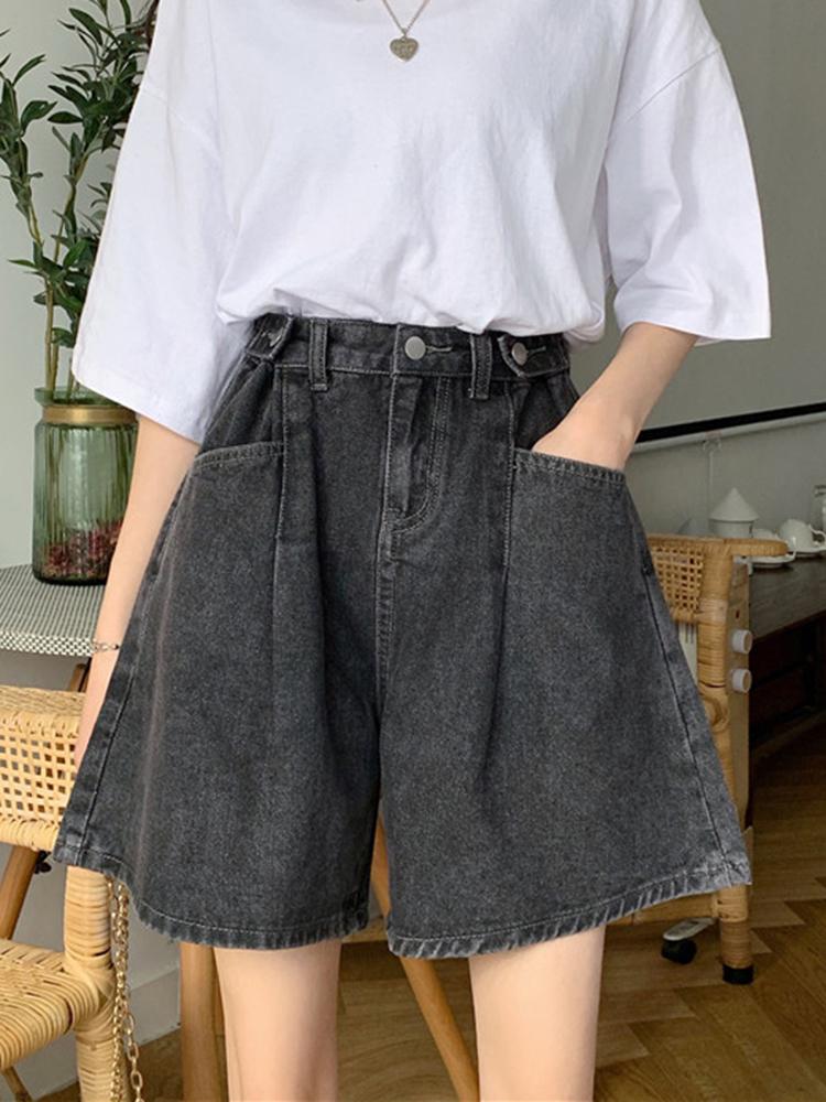 

Women' Shorts 2021 Summer Korean Style Loose Leisure Thin Women Denim Fashion Trend Solid Color High Waist Casual Straight, Black