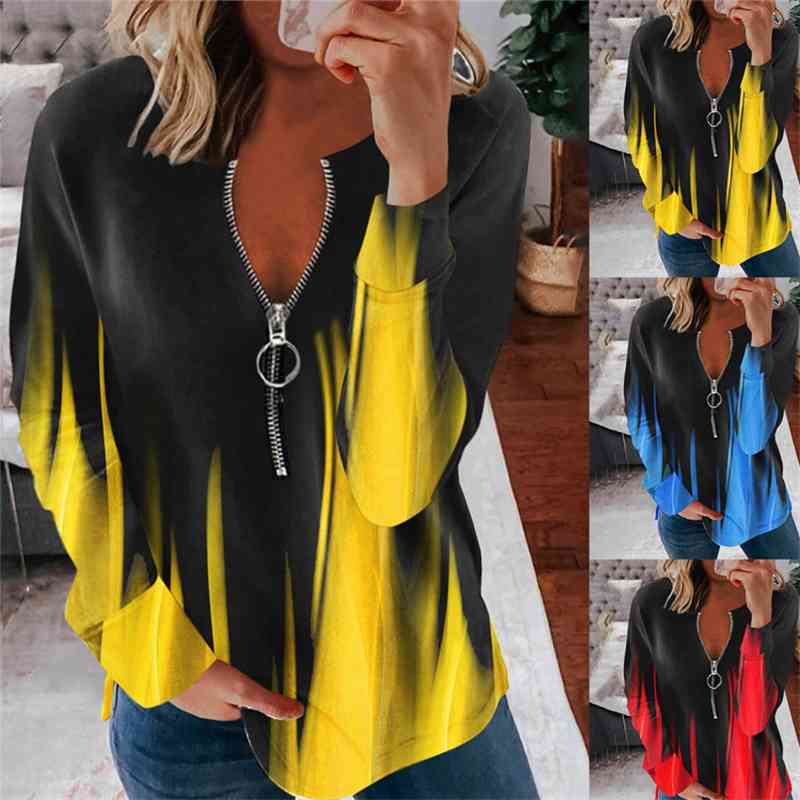 

2021 new long sleeve printed zipper casual loose sweater women' wear, Red