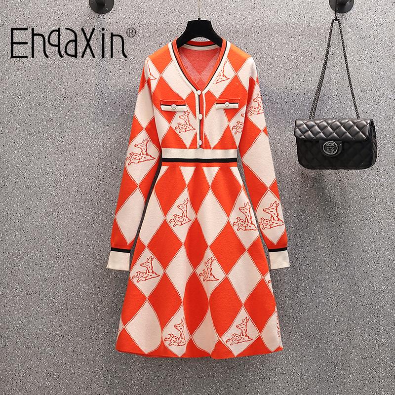 

Plus Size Dresses EHQAXIN Women's Knit Dress Autumn Winter All-Match French V-Neck A-Shaped Button Geometric Sweater L-4XL, Black