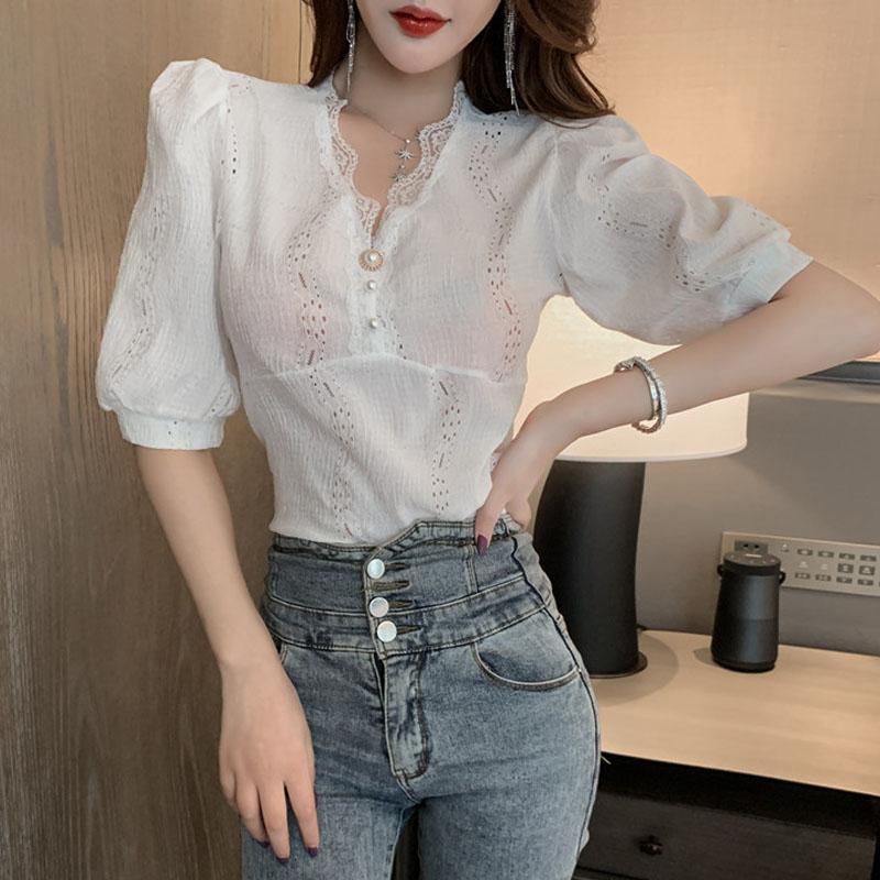 

Women's Blouses & Shirts Lace V-neck Shirt French Style Wild Bubble Sleeve Blouse Slim Small Tops Beading Chiffon 14432, White