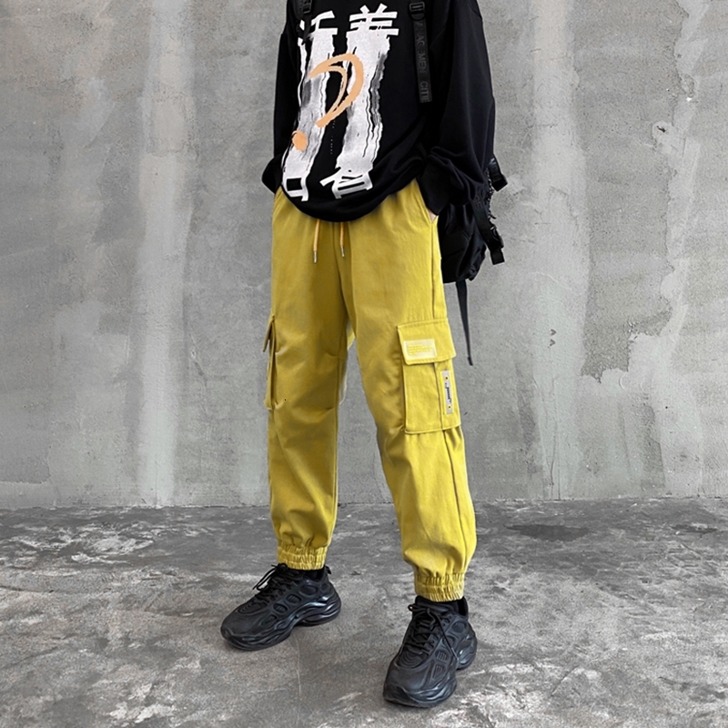 

New Cotton Trousers 2021 Autumn Hip Hop Joggers Men's Overalls Fashion Baggy Pockets 6u6g, Yellow