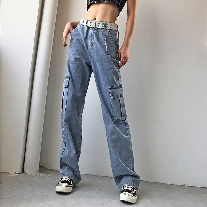 

2021 New Fashion Retail Pockets Brim Pants High Waist Women Streetwear Straight Jean Femme Blue Cotton 2o81