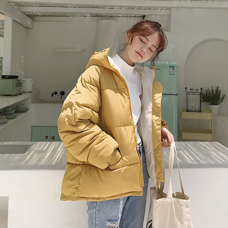 

2021 New Autumn Winter Women Cute Bread Short Cotton Parkas Padded Casual Female Thick Warm Loose Hooded Black Coat Outwear 1swu