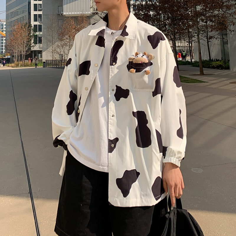 

2021 Cow Printed Men's Jacket New Spring Male Turn-down Collar Coats Casual Streetwear Hip Hop Jackets Mens Clothing Tg6a, White