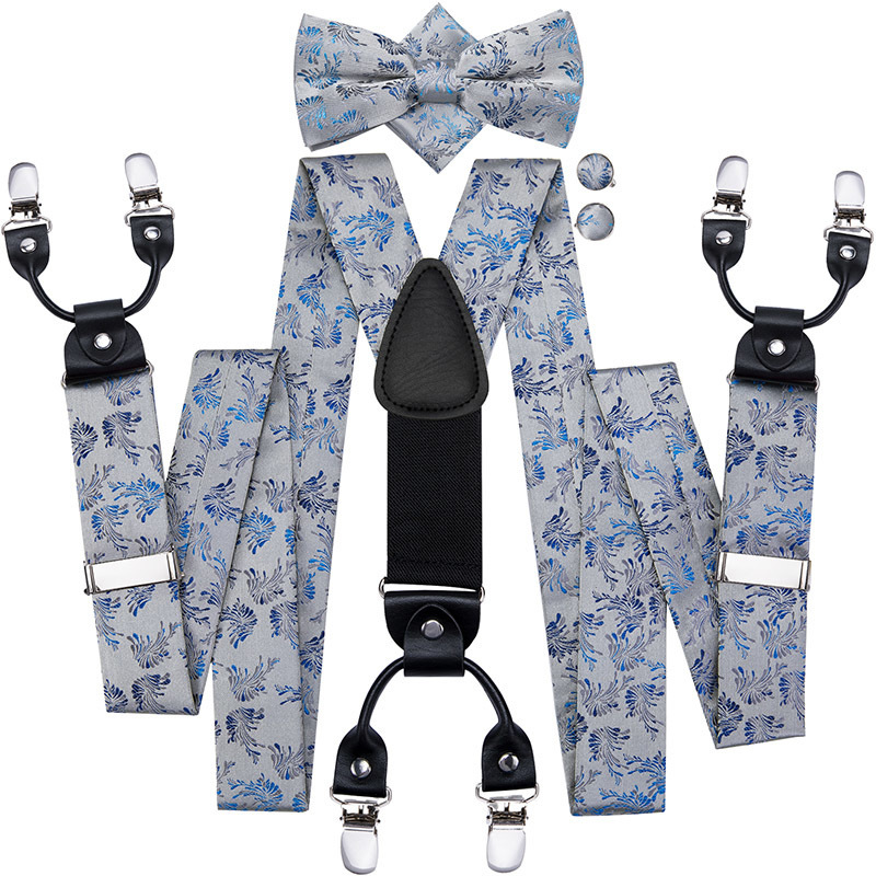 

Hi-Tie 100% Silk Adult Mens and Set Classic Wedding Party Blue Silver Floral Bowtie Braces Suspender Men