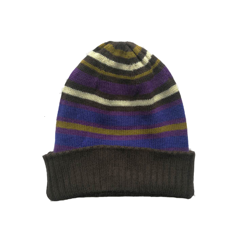 

2021 New Men Women 2 Layer Winter Merino Wool Ribbed Cuff Beanie Hat Thermal Knit Sports Outdoor Warm Cap 3wts, Coffee purple stripe