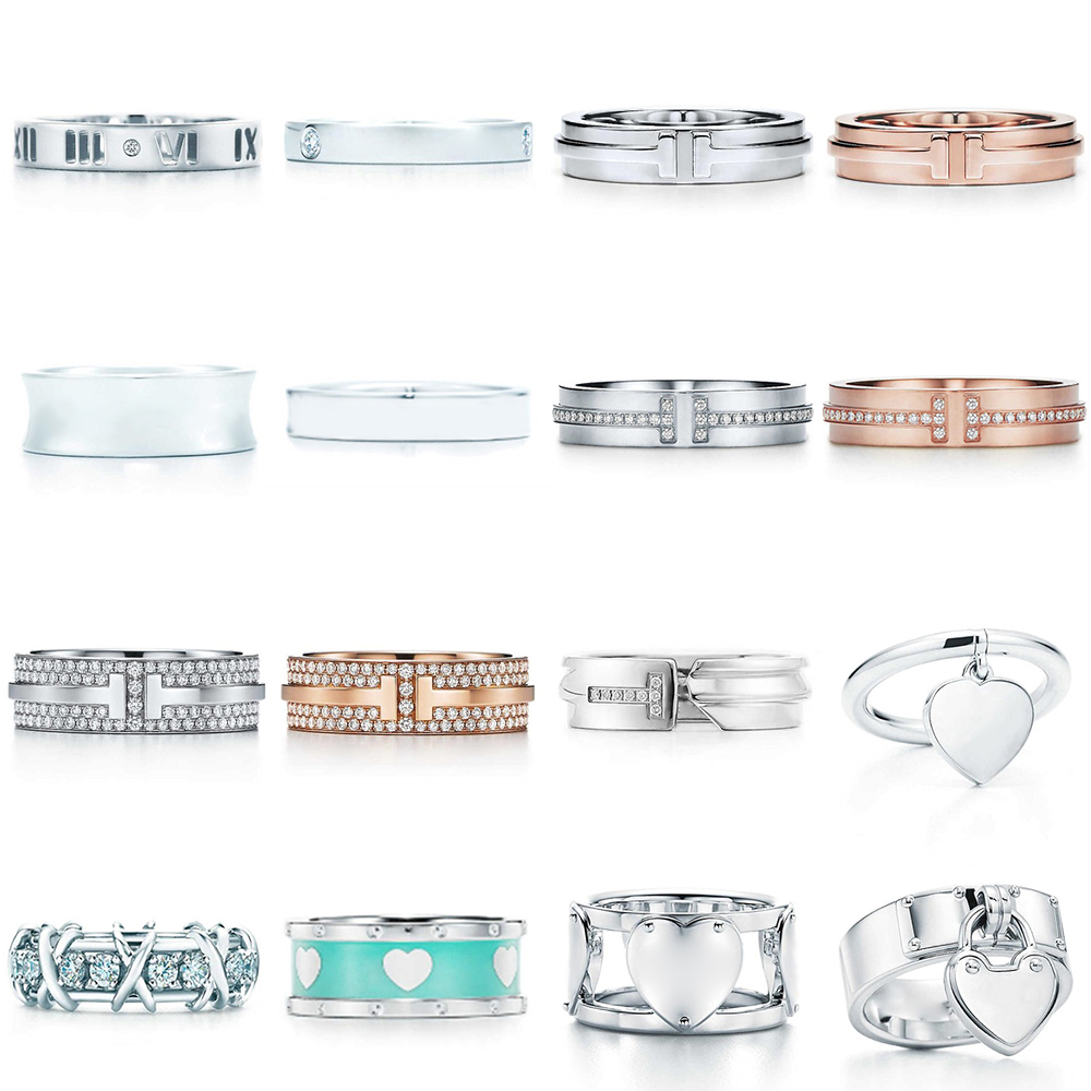 

NEW 100% 925 Sterling Silver Blue Heart Classic Letter Logo Zircon TIF Ring Color Rose Gold Women Original Fashion Jewelry Gift, Golden;silver