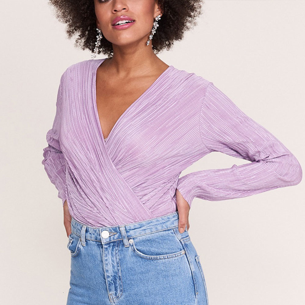 

2021 New Sexy Long Sleeve v Neck Bodysuit for Women Summer Green Textured Shirts Elegant Slim Pleated Rompers Tops 6stf, Purple